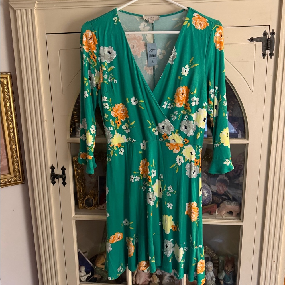 LOFT Green Floral Long Sleeve Dress 2P